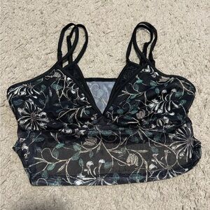 Floral Mesh Bralette in Black with green & Cream Accents